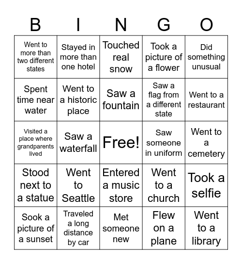 My Summer Vacation Bingo Card