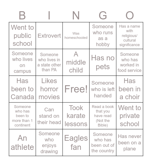 "Get to know you" Bingo Card