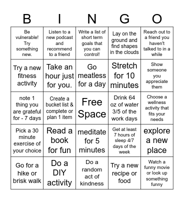 RCO Wellness Bingo Card