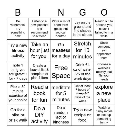 RCO Wellness Bingo Card