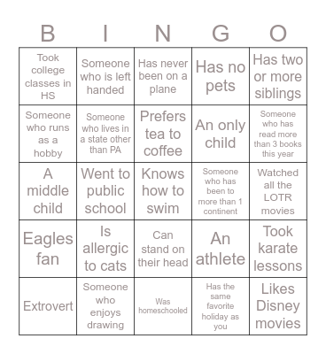 "Get to know you" Bingo Card