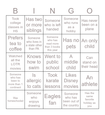 "Get to know you" Bingo Card