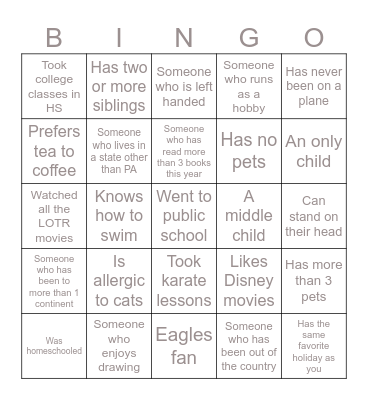 "Get to know you" Bingo Card