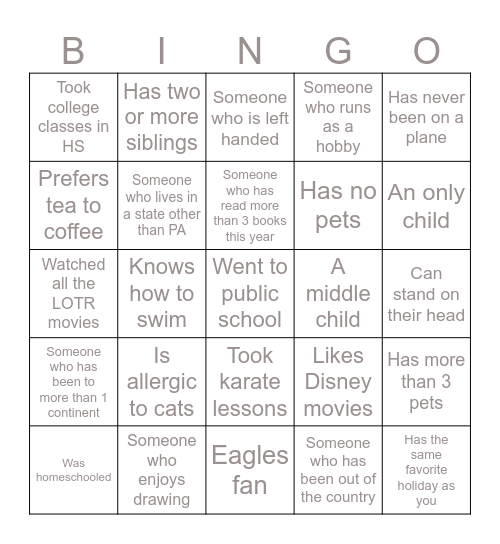 "Get to know you" Bingo Card