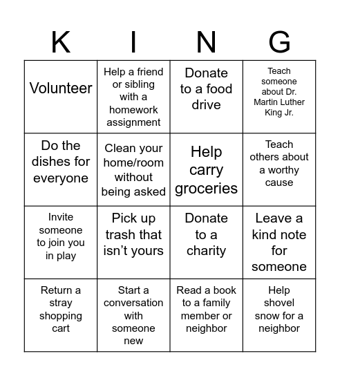 Martin Luther King Jr. Day Acts of Service Bingo Card