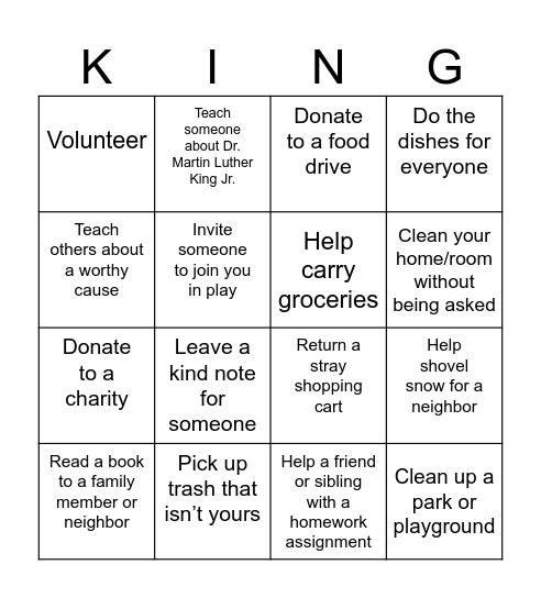 Martin Luther King Jr. Day Acts of Service Bingo Card