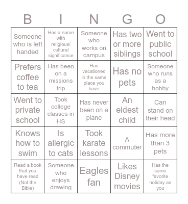 "Get to know you" Bingo Card