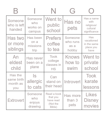 "Get to know you" Bingo Card