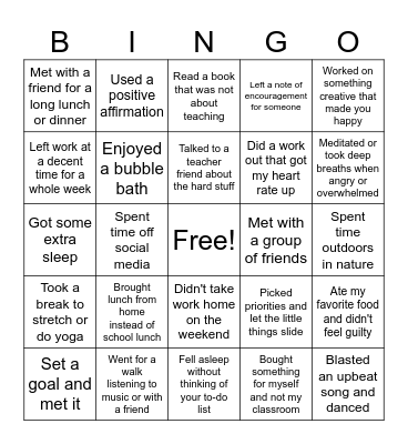 Teacher Self-Care Bingo Card