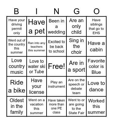 Get to know you BINGO Card
