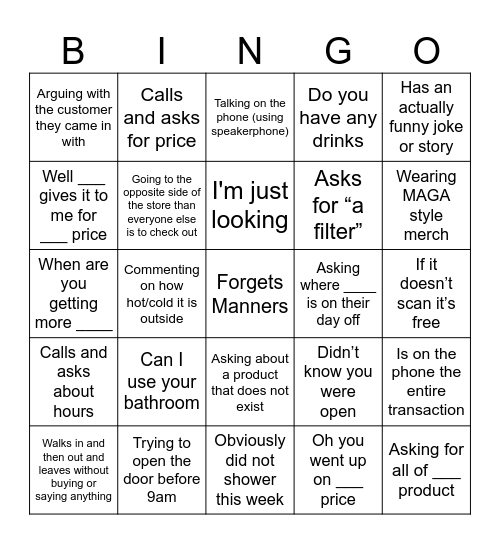 CUSTOMER Bingo Card