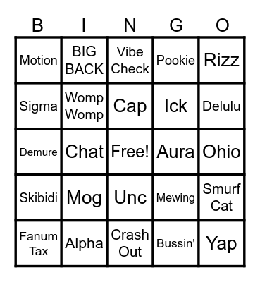 Slang Bingo Card