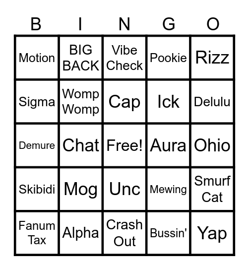 Slang Bingo Card