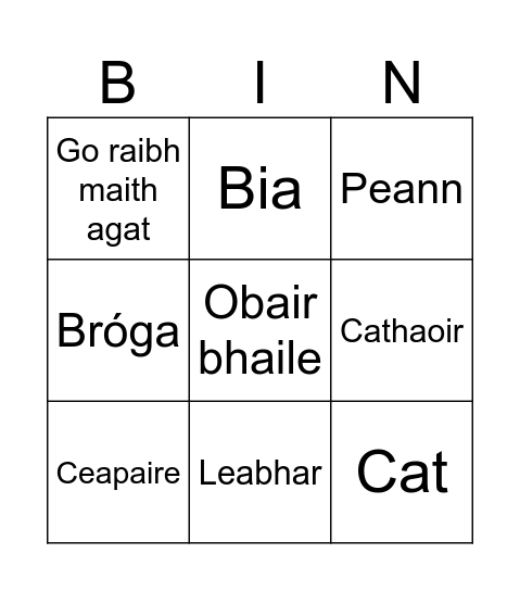 Gaeilge Bingo Card