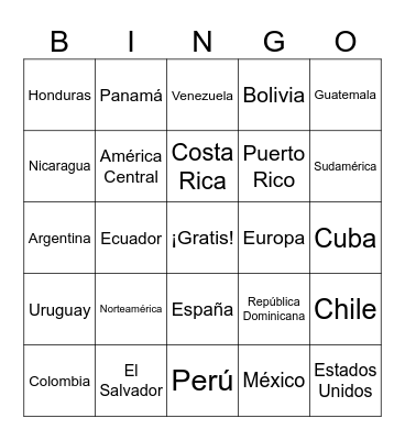 Spanish Speaking Countries Bingo Card