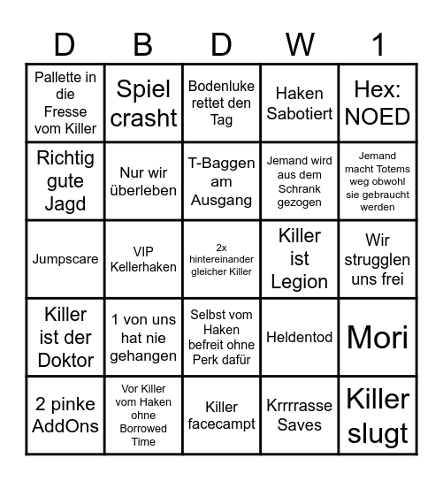 Dead by Daylight Bingo Card