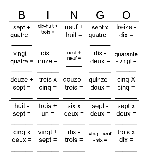 Les Chiffres 1-30 Bingo Card