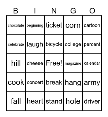 Vocabulary Words Bingo Card