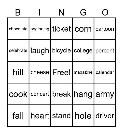Vocabulary Words Bingo Card