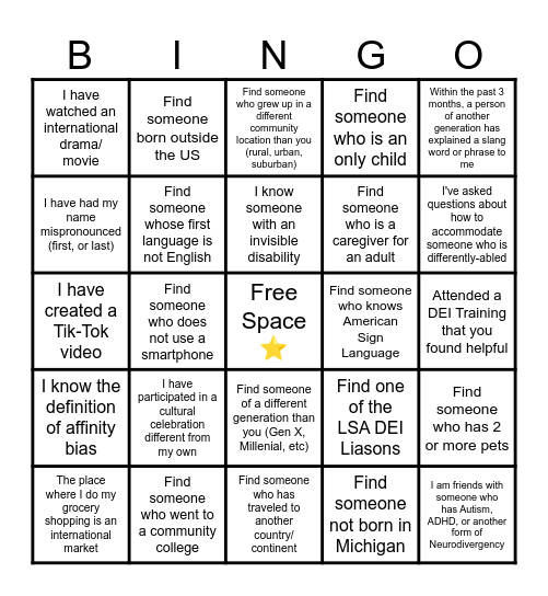 DEI Bingo Card