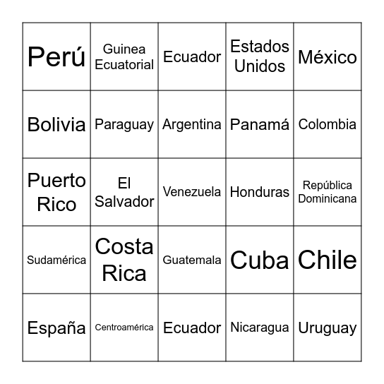 LOS PAISES HISPANOHABLANTES Bingo Card