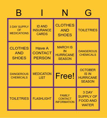 EMERGENCY PREPAREDNESS Bingo Card