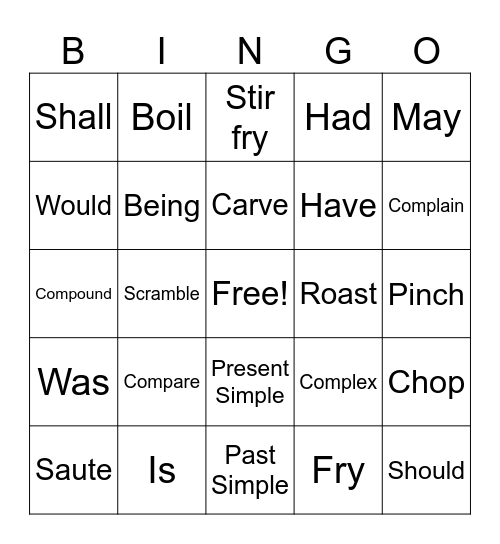 Verbs, helping verbs, and verb tenses Bingo Card