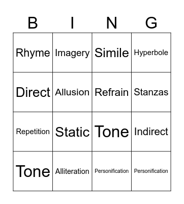 Poetic & Literary Devices Bingo Card