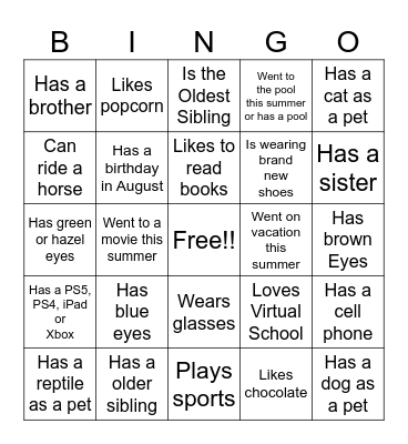 Back to School Bingo Card