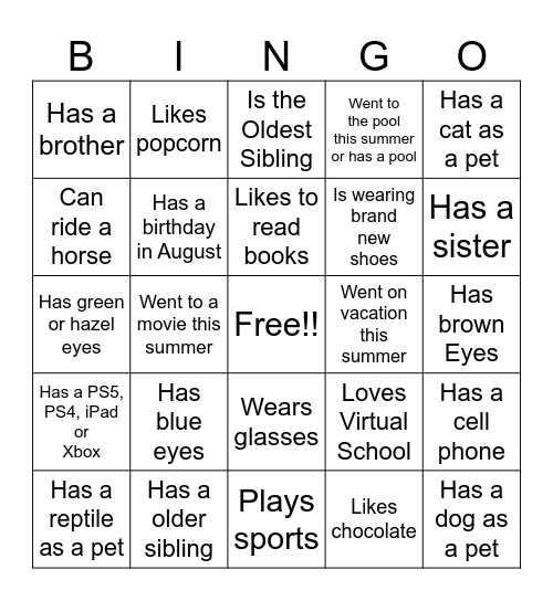 Back to School Bingo Card