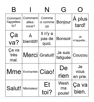 French Greetings Bingo Card