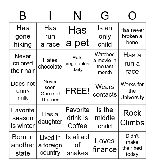 Get to Know You Bingo Card