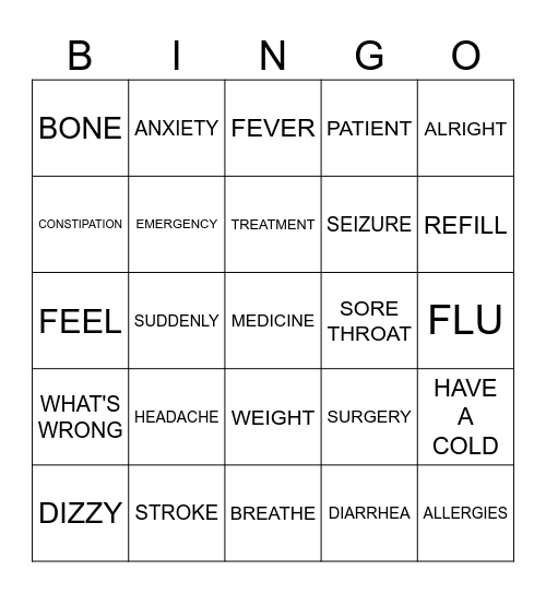 Medical Signs Bingo Card