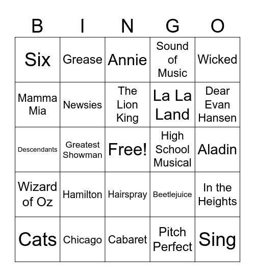 Musical Theatre Bingo Card