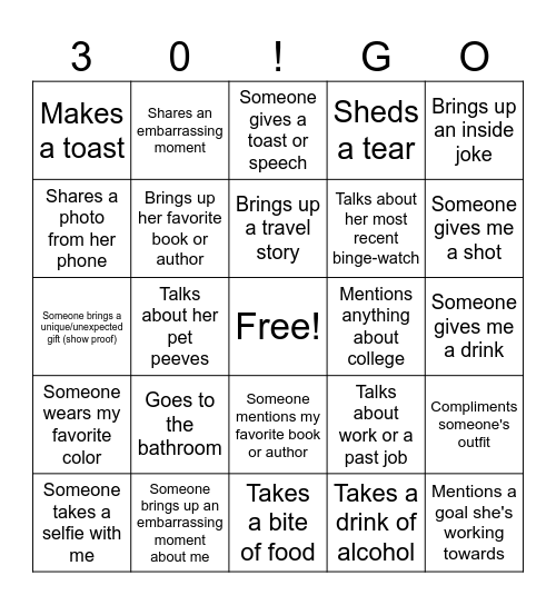 Birthday Girl Bingo Card