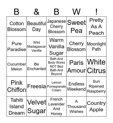 Bath and Body Works  Bingo Card