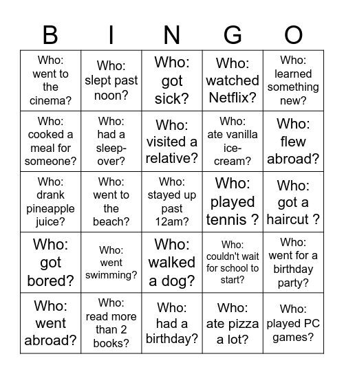 Back-to-School Bingo - What did you do over the holiday? Bingo Card