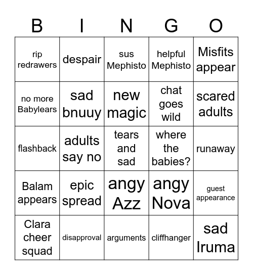 Bunny Tears Bingo Card