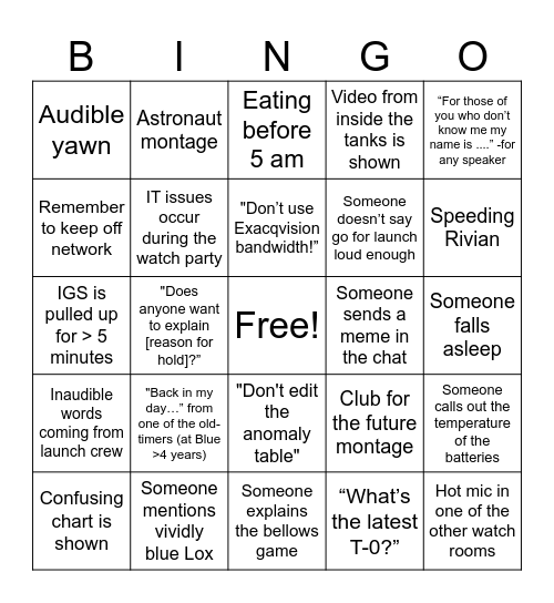 Watch Party Bingo Card