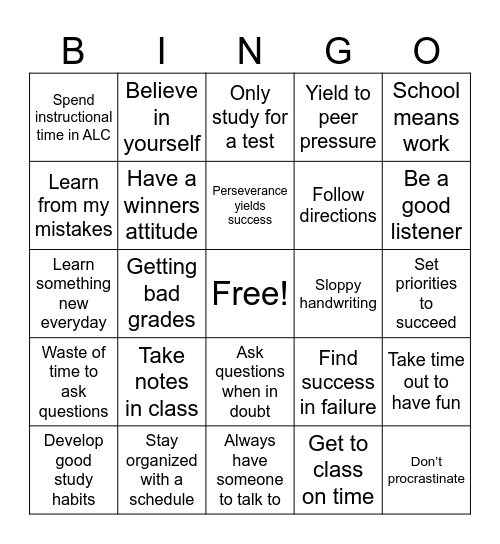 SUCCESS Bingo Card