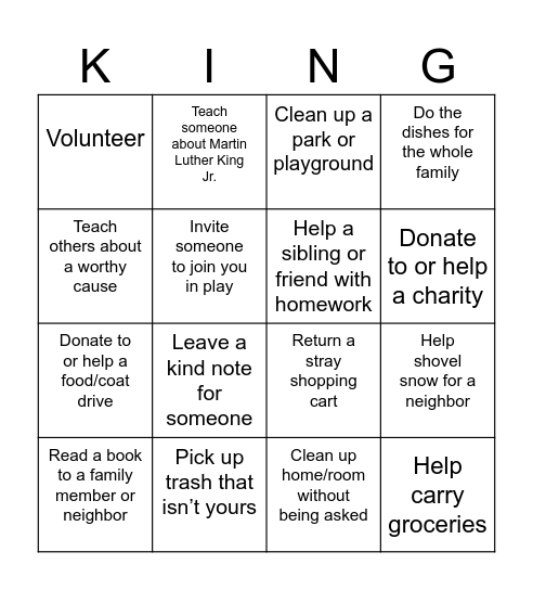 Martin Luther King Jr. Day Acts of Service Bingo Card