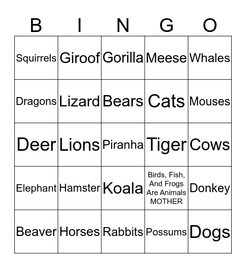 Animals With Teeth Bingo Card