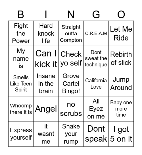 Hip Hop & Pop 90s R1 & R2 Bingo Card