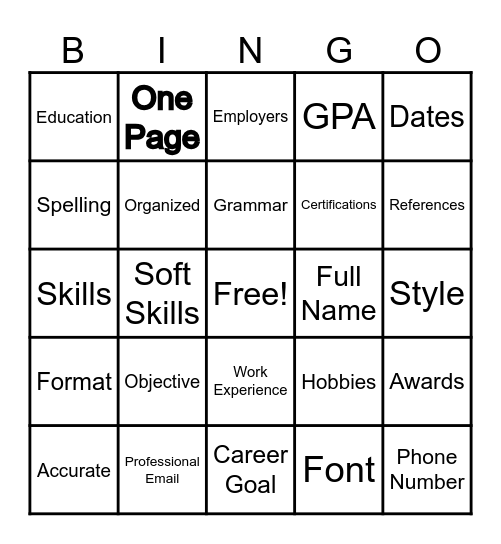 Resume Bingo Card