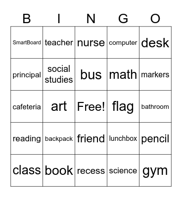 Back to School Bingo Card