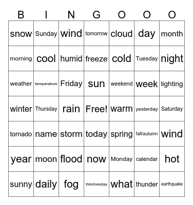 Calendar and Weather ASL Bingo Card