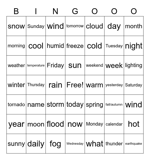 Calendar and Weather ASL Bingo Card