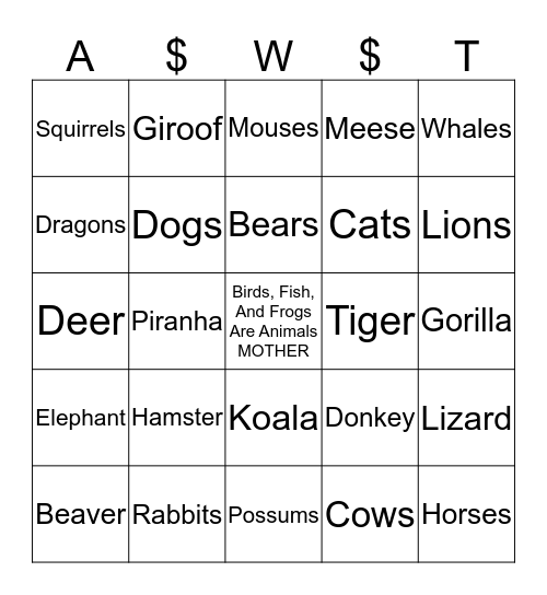 Animals With Teeth Bingo Card