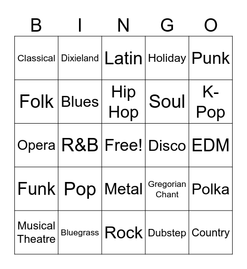 Music Genre Bingo Card