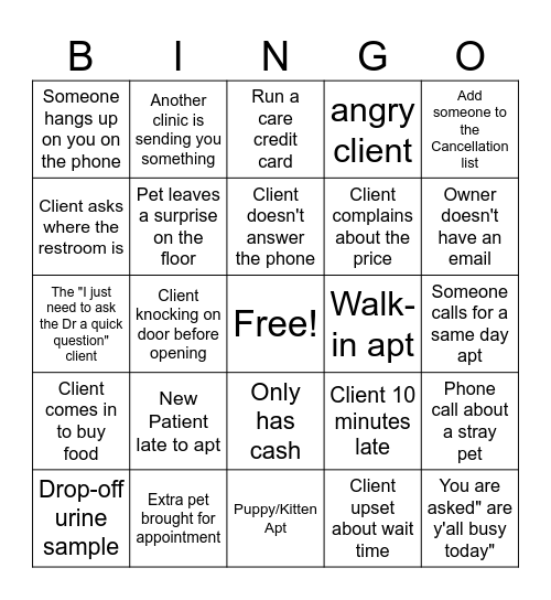 Receptionist Bingo Card